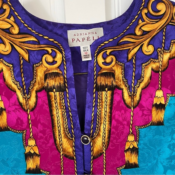 Vintage Silk Flashy 80's Blouse Shoulder Pads Versace Style Purple Teal Size 12 - Picture 3 of 8